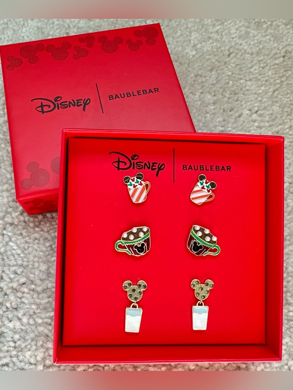 Disney x BaubleBar Christmas Holiday Drinks Stud Earring Set Mickey 3 Pairs NEW